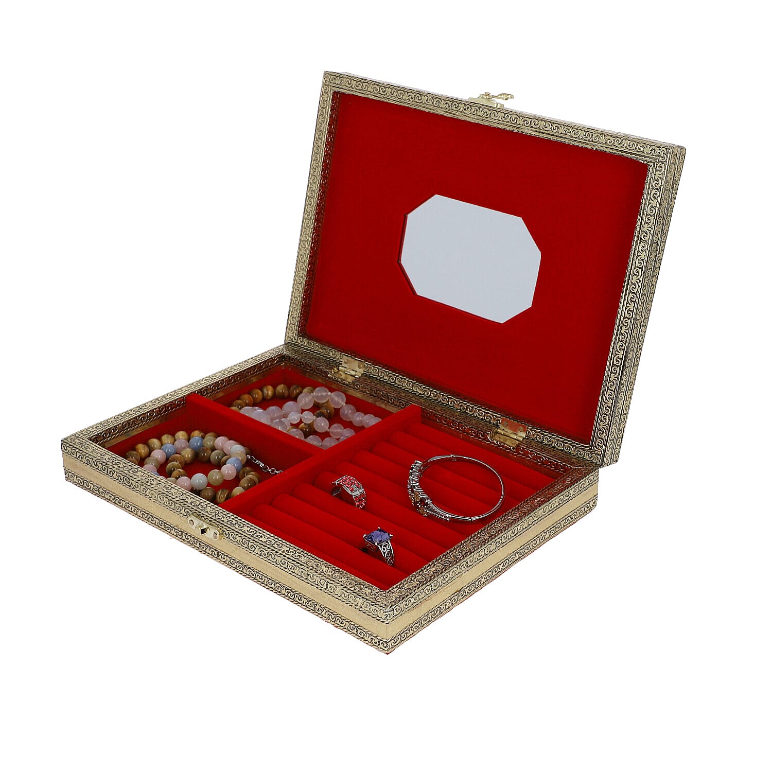 Golden Handcrafted Golden Embossed Aluminum Jewellery Box with Transparent Window (27.94x20.32x5.08 Cm)