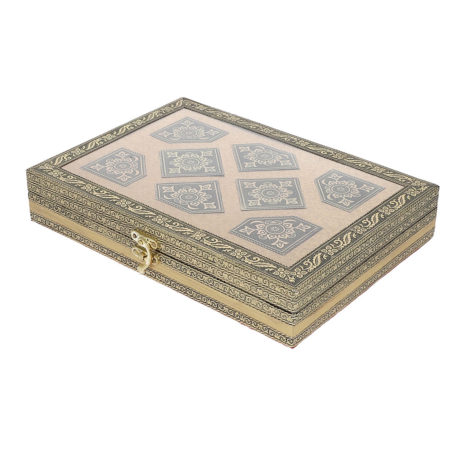 Golden Handcrafted Golden Embossed Aluminum Jewellery Box with Transparent Window (27.94x20.32x5.08 Cm)