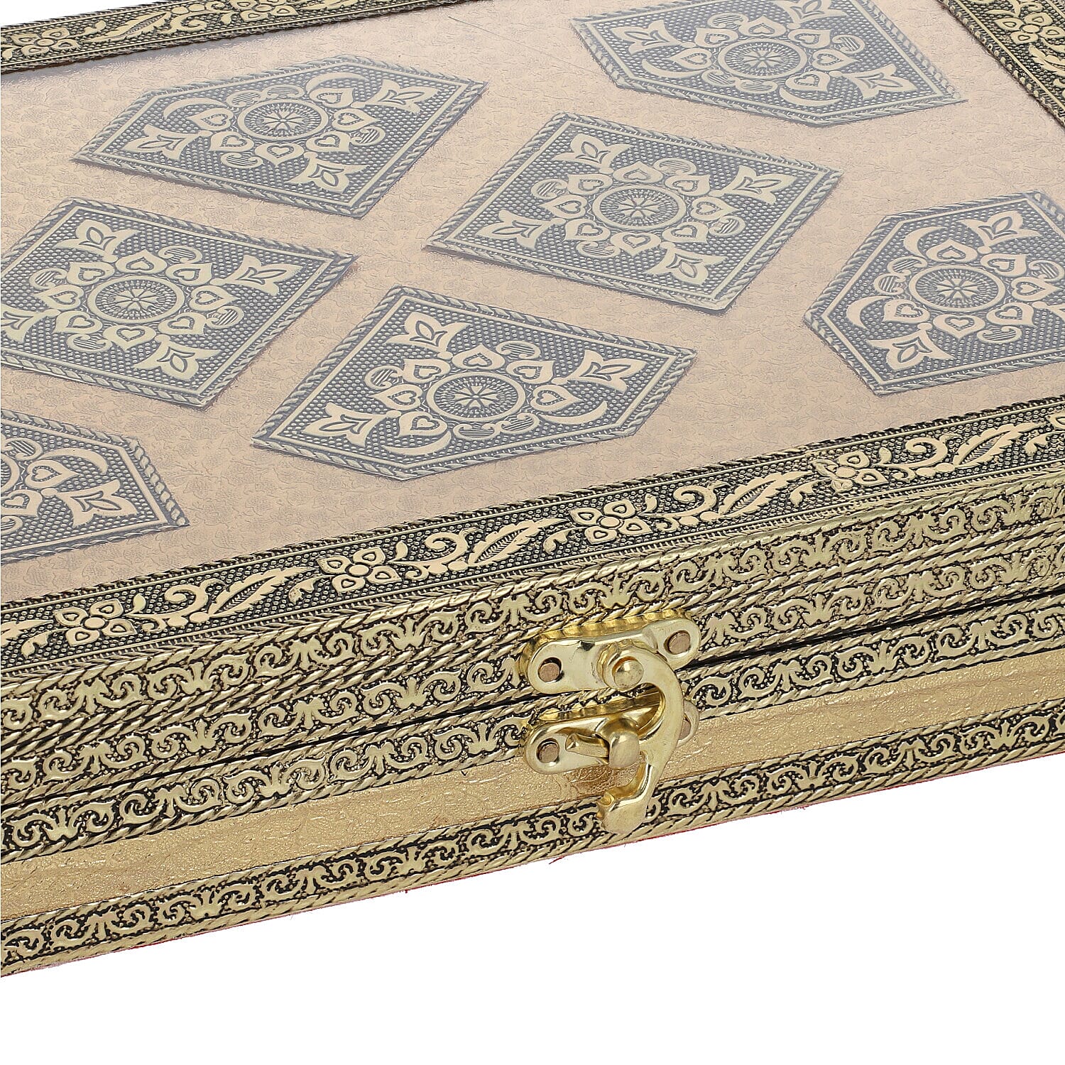 Golden Handcrafted Golden Embossed Aluminum Jewellery Box with Transparent Window (27.94x20.32x5.08 Cm)