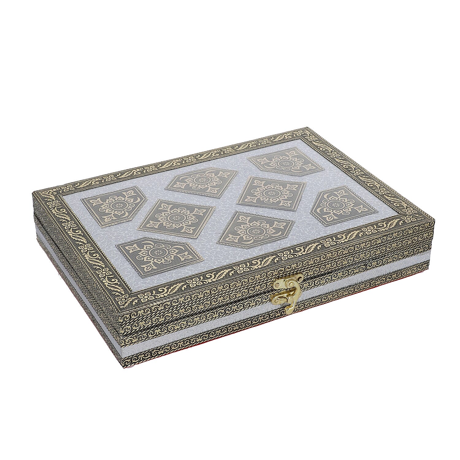 Red Handcrafted Golden Embossed Aluminum Jewellery Box with Transparent Window (27.94x20.32x5.08 Cm)