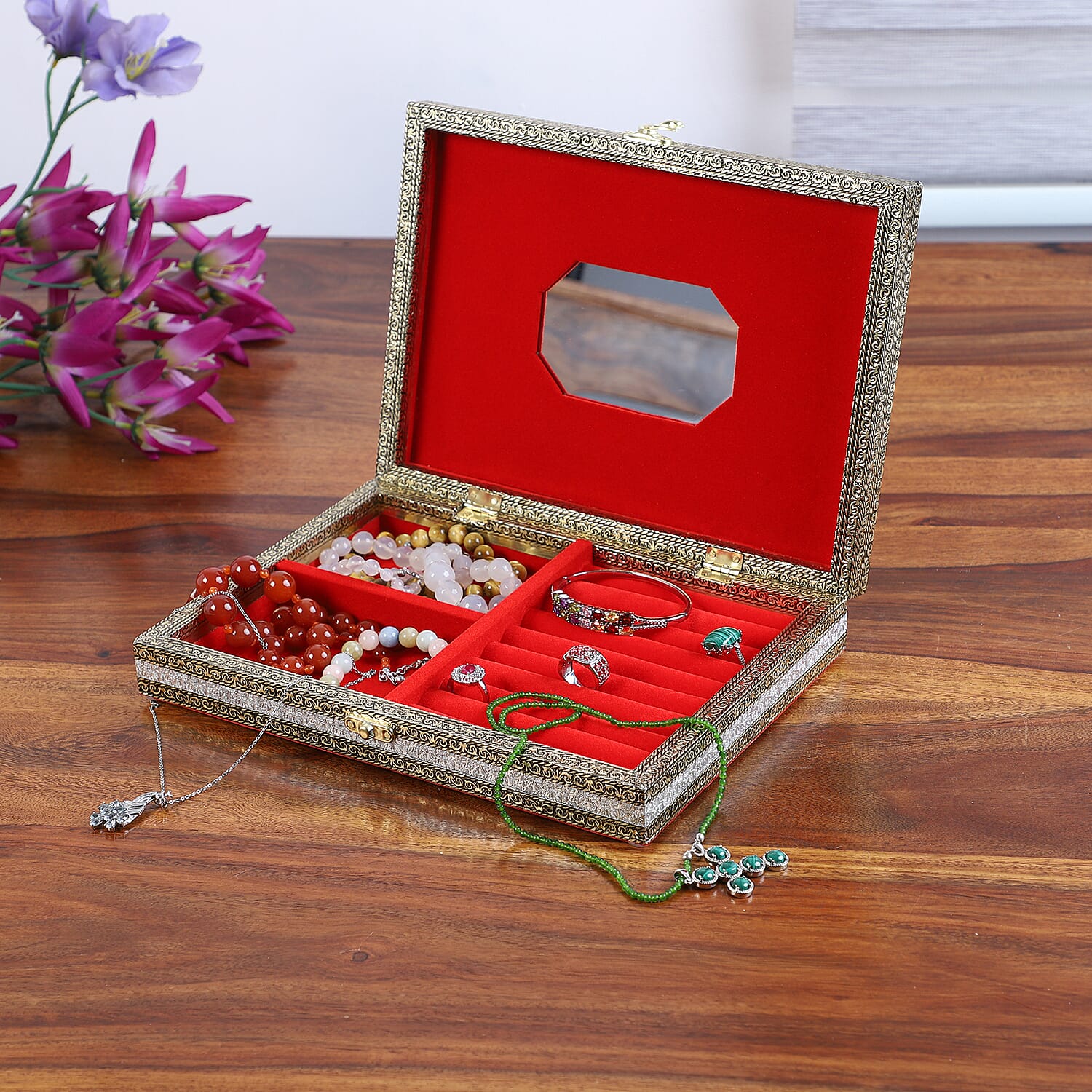 Red Handcrafted Golden Embossed Aluminum Jewellery Box with Transparent Window (27.94x20.32x5.08 Cm)