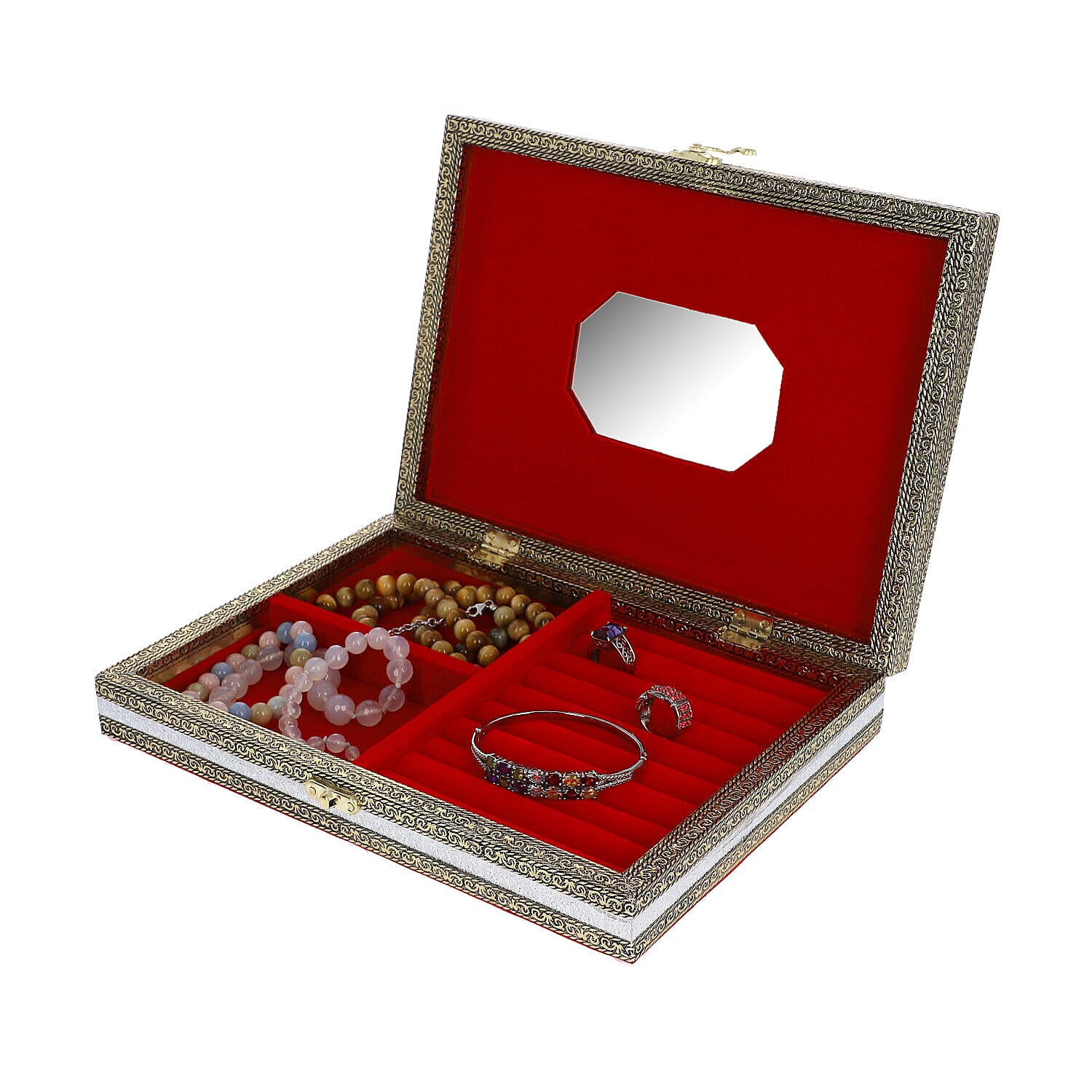 Red Handcrafted Golden Embossed Aluminum Jewellery Box with Transparent Window (27.94x20.32x5.08 Cm)