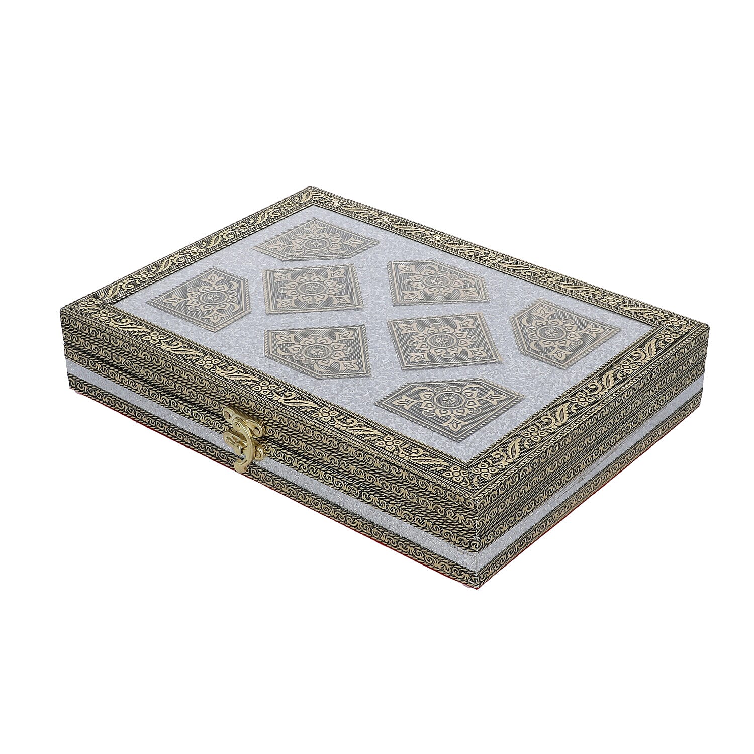 Red Handcrafted Golden Embossed Aluminum Jewellery Box with Transparent Window (27.94x20.32x5.08 Cm)