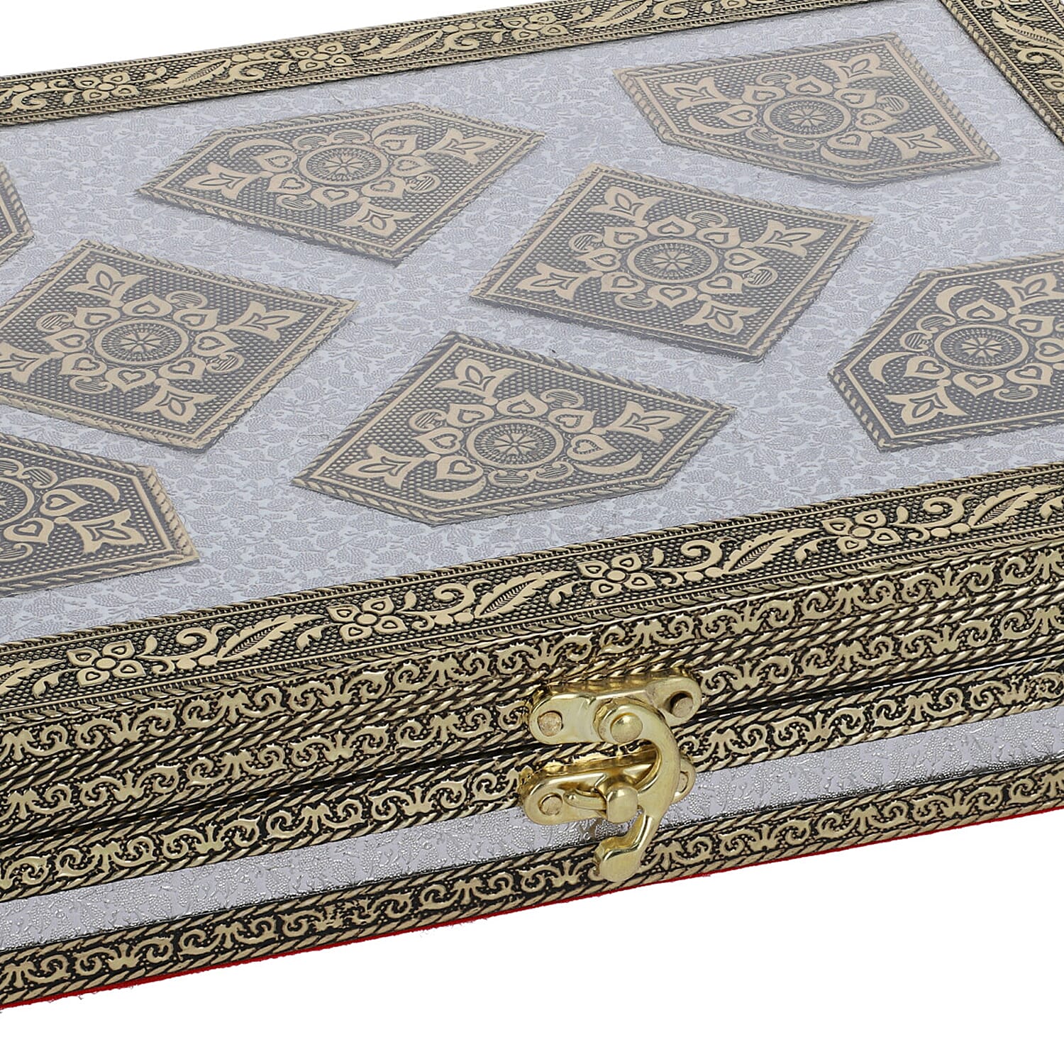 Red Handcrafted Golden Embossed Aluminum Jewellery Box with Transparent Window (27.94x20.32x5.08 Cm)