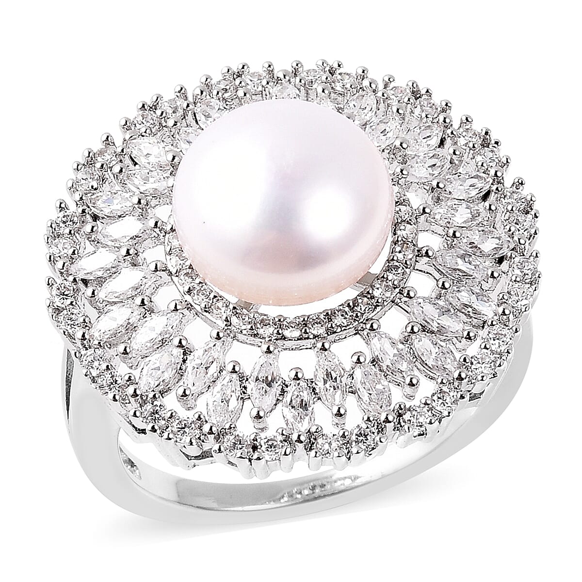 Freshwater White Pearl (Rnd), Simulated Diamond Floral Ring in Silver Tone