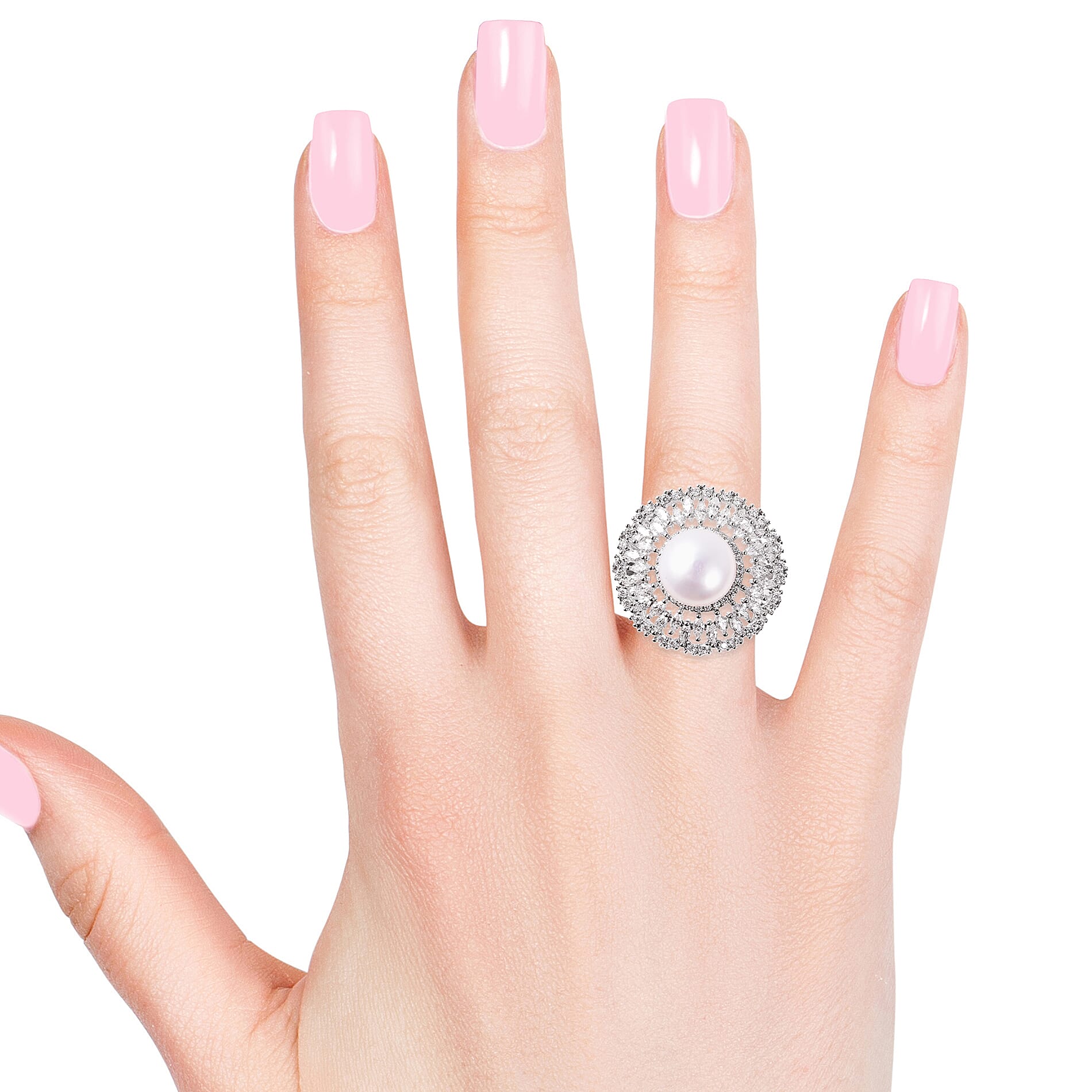 Freshwater White Pearl (Rnd), Simulated Diamond Floral Ring in Silver Tone