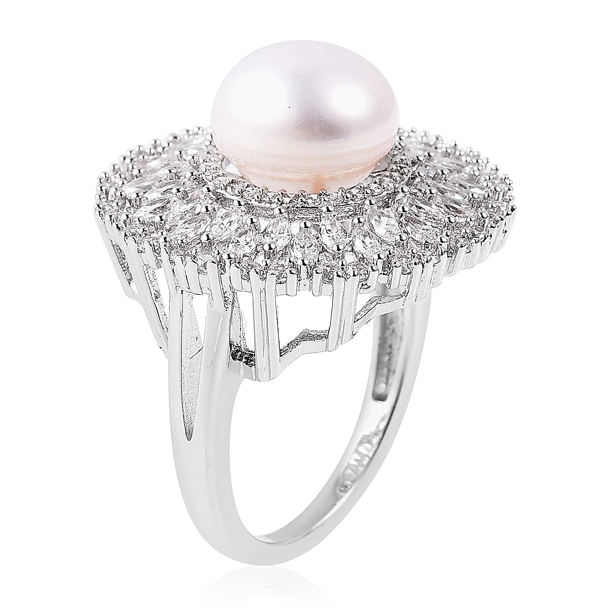 Freshwater White Pearl (Rnd), Simulated Diamond Floral Ring in Silver Tone