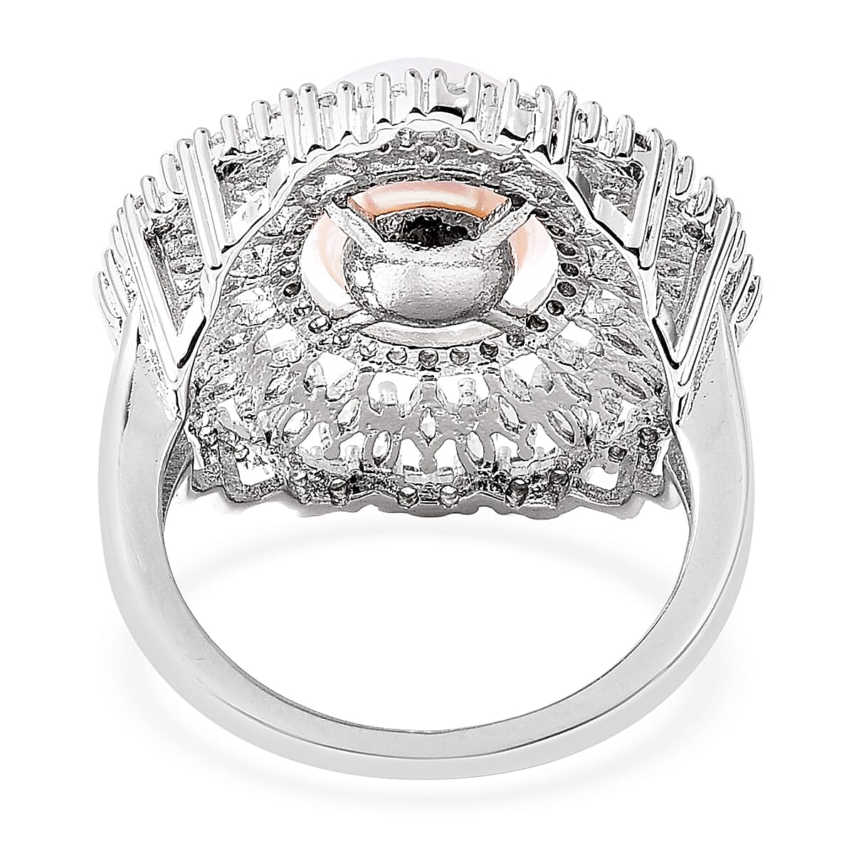 Freshwater White Pearl (Rnd), Simulated Diamond Floral Ring in Silver Tone