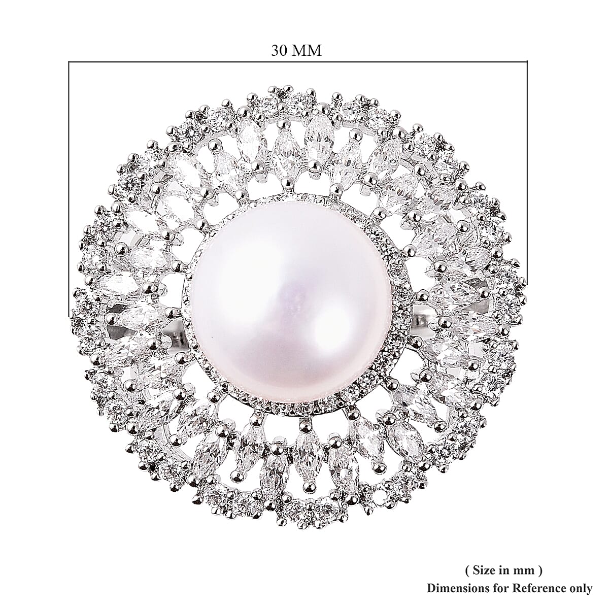 Freshwater White Pearl (Rnd), Simulated Diamond Floral Ring in Silver Tone