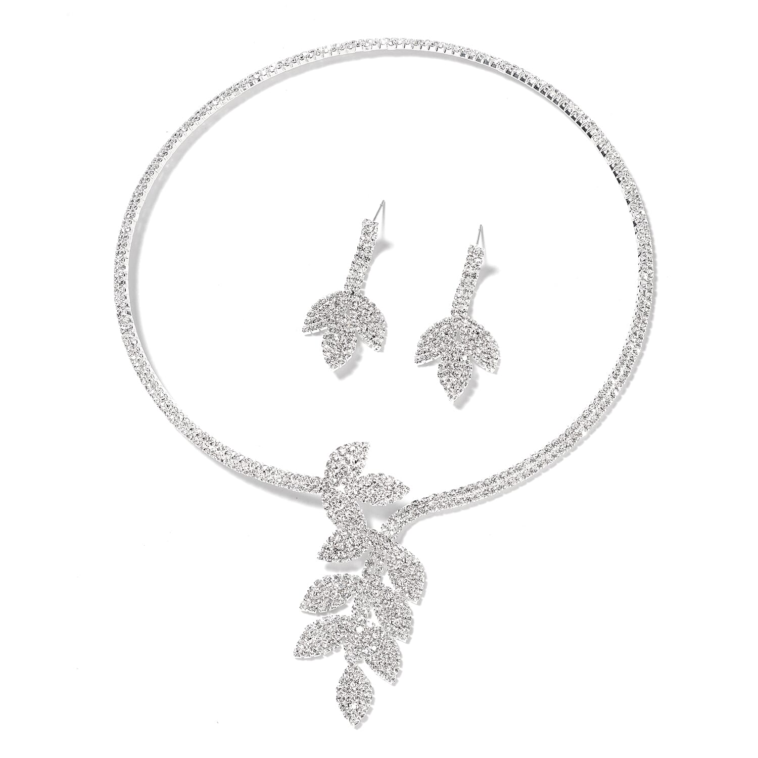 Set of 2 - White Austrian Crystal (Rnd) Choker Leaf Necklace (Size 18) and  Earrings in Silver Tone