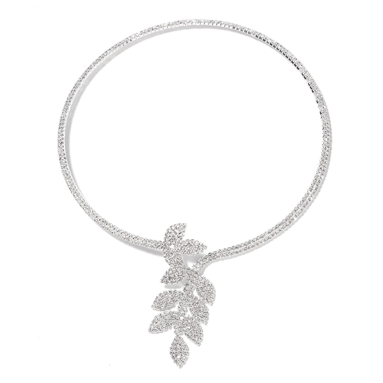 Set of 2 - White Austrian Crystal (Rnd) Choker Leaf Necklace (Size 18) and  Earrings in Silver Tone