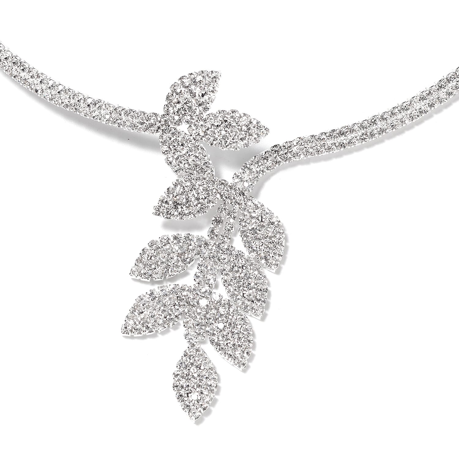 Set of 2 - White Austrian Crystal (Rnd) Choker Leaf Necklace (Size 18) and  Earrings in Silver Tone
