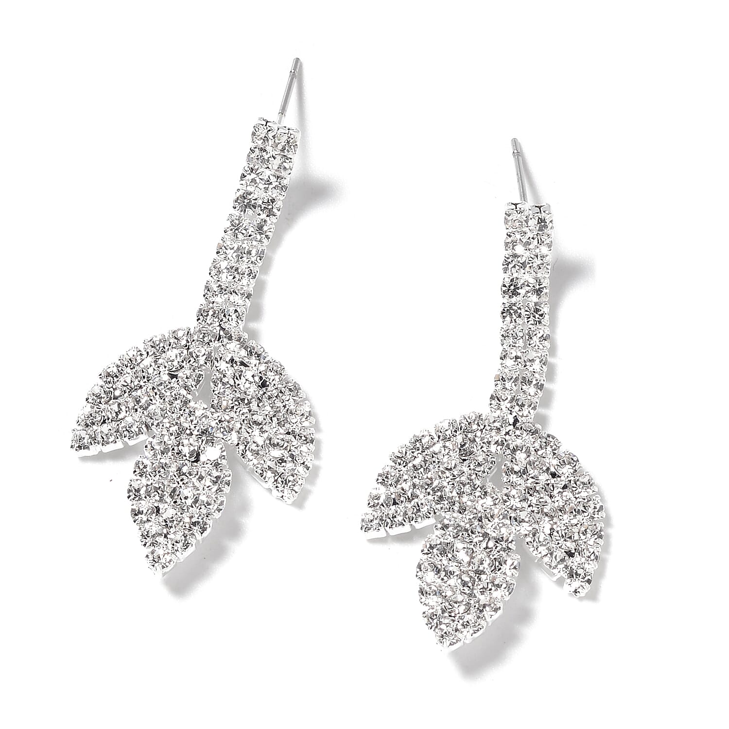 Set of 2 - White Austrian Crystal (Rnd) Choker Leaf Necklace (Size 18) and  Earrings in Silver Tone