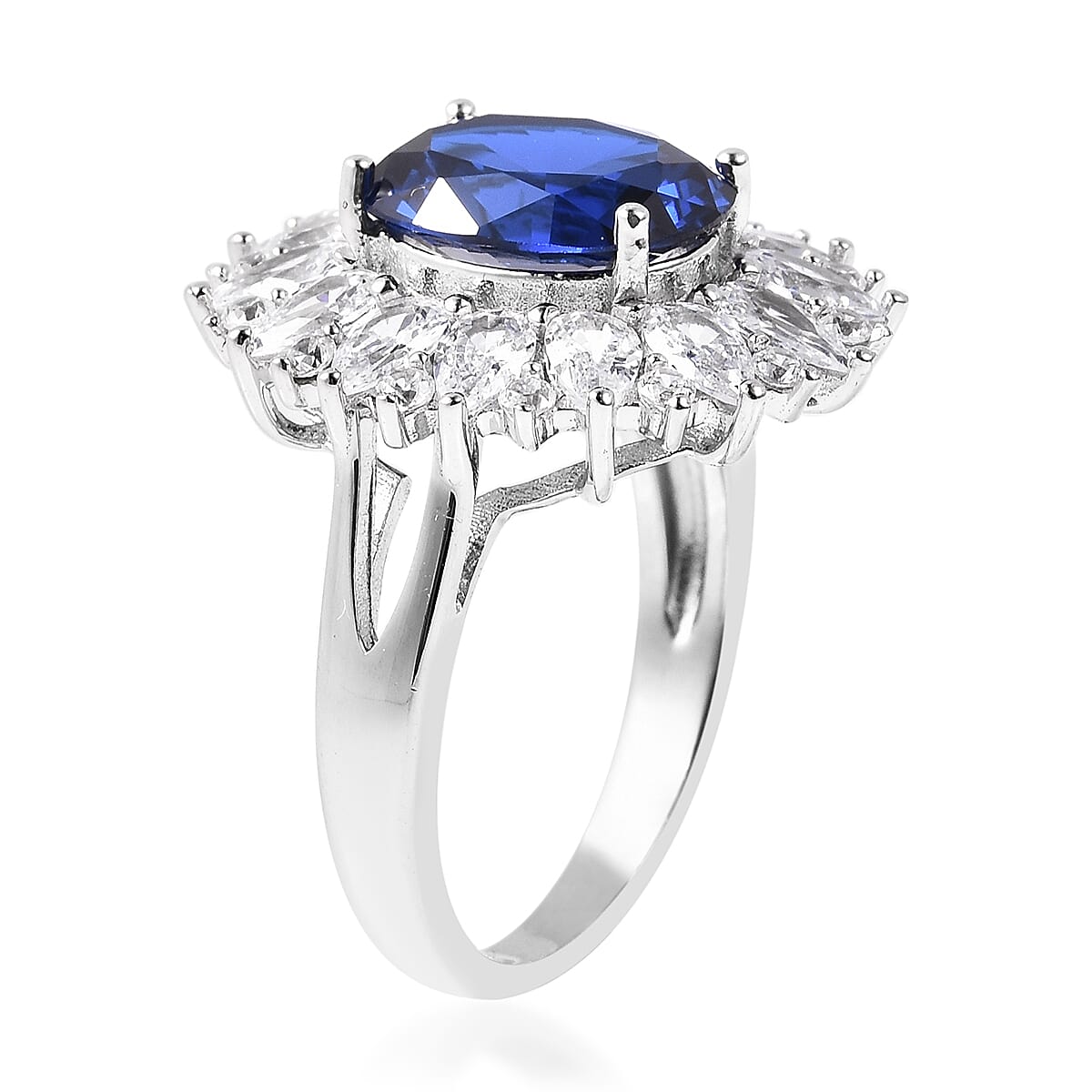 ELANZA Simulated Tanzanite (Ovl), Simulated Diamond Floral Ring in Rhodium Overlay Sterling Silver, Silver wt 5.53 Gms