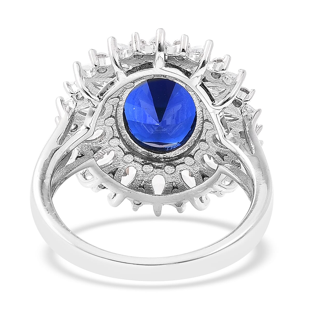 ELANZA Simulated Tanzanite (Ovl), Simulated Diamond Floral Ring in Rhodium Overlay Sterling Silver, Silver wt 5.53 Gms