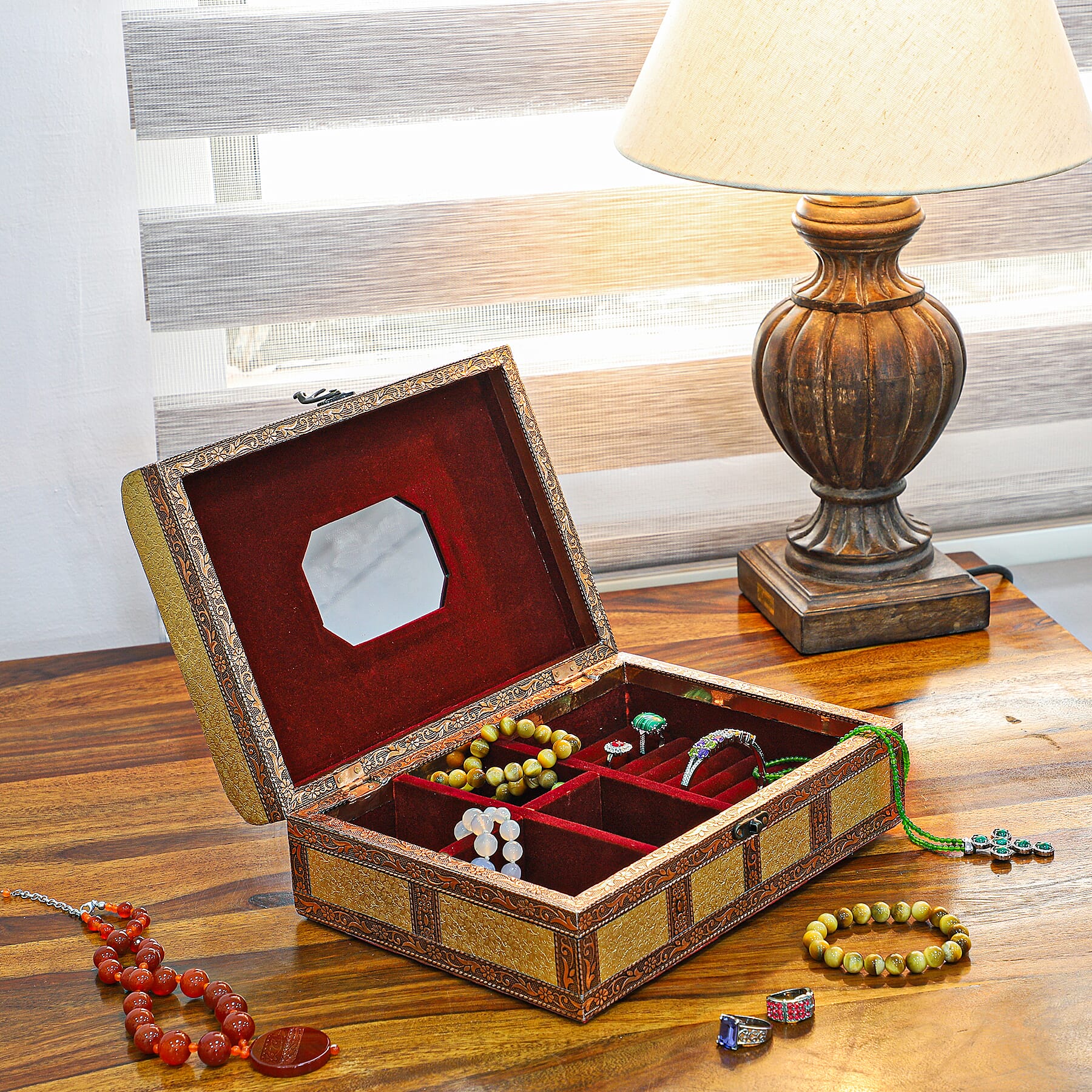 Elephant Embossed Handcrafted Jewellery Storage Box with Inside Mirror and Maroon Velvet Lining (Size 27x10x19 Cm) - Golden and Copper