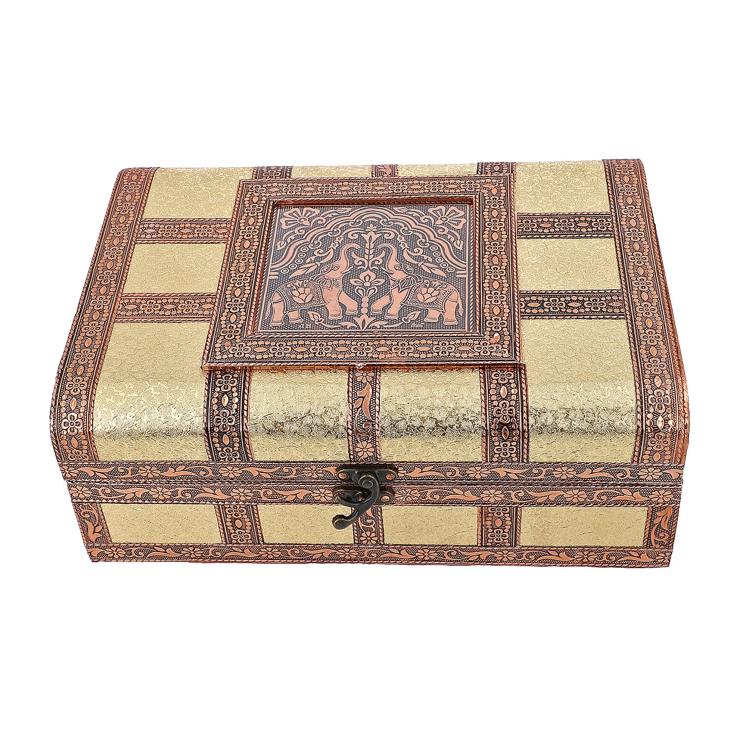 Elephant Embossed Handcrafted Jewellery Storage Box with Inside Mirror and Maroon Velvet Lining (Size 27x10x19 Cm) - Golden and Copper
