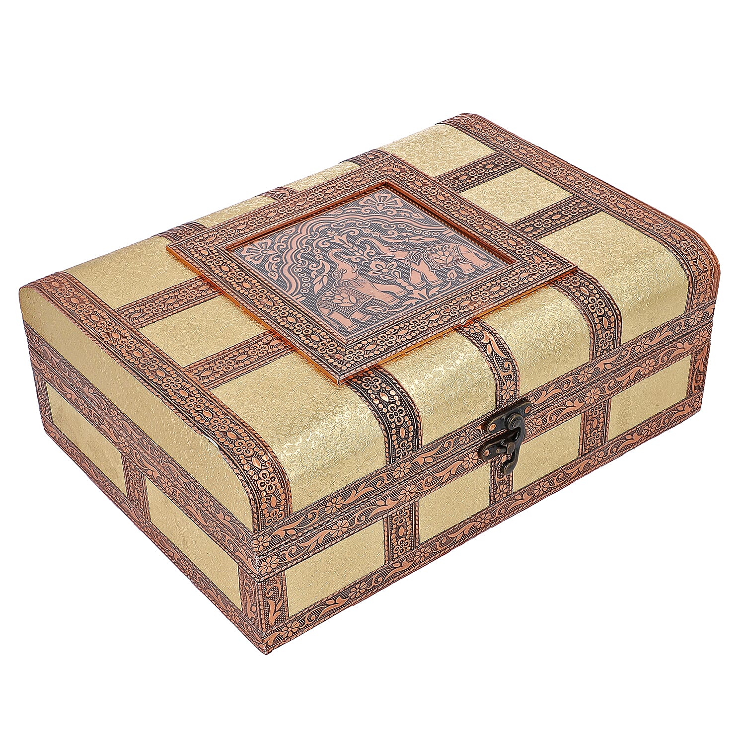 Elephant Embossed Handcrafted Jewellery Storage Box with Inside Mirror and Maroon Velvet Lining (Size 27x10x19 Cm) - Golden and Copper