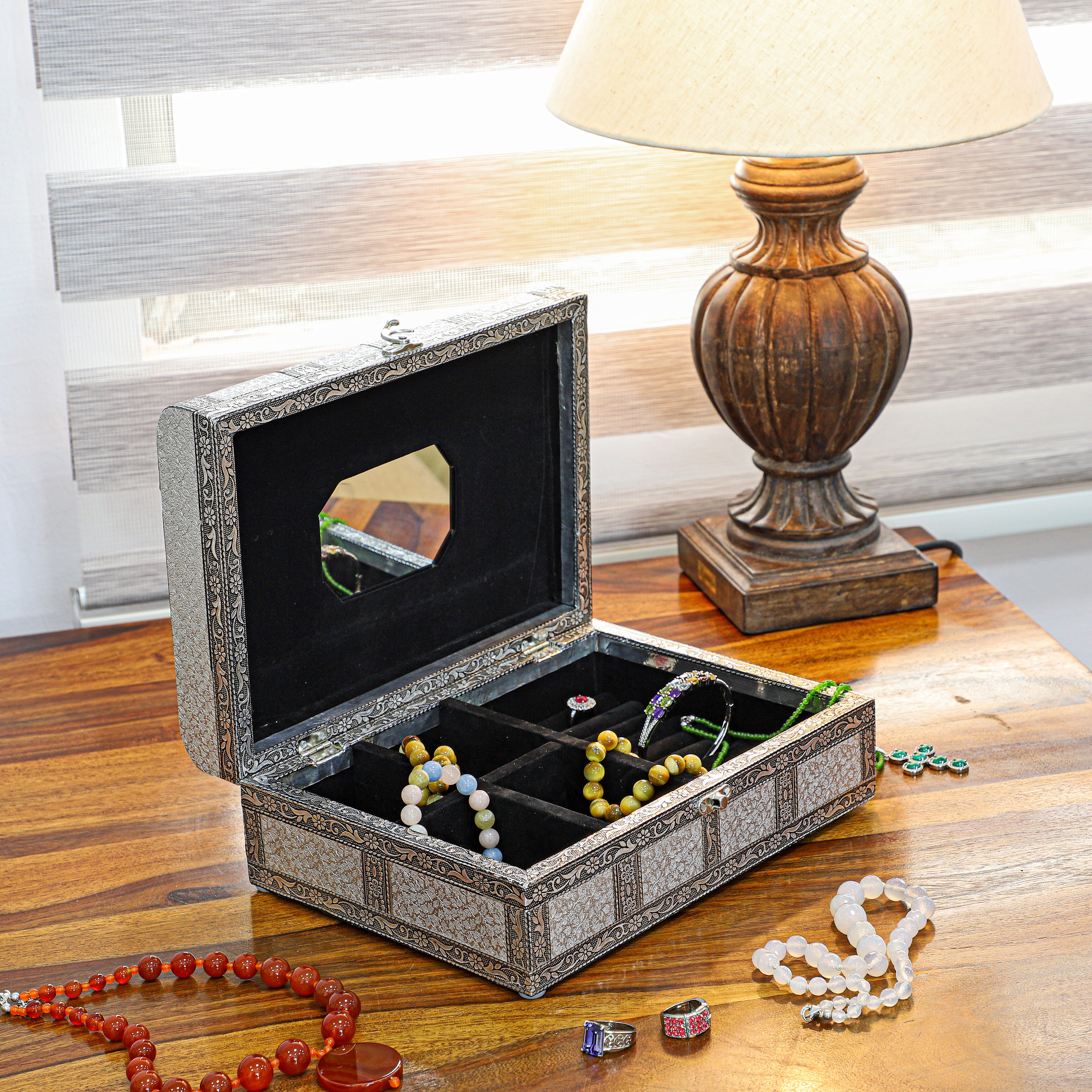 Elephant Embossed Handcrafted Jewellery Storage Box with Inside Mirror and Black Velvet Lining (Size 27x19.5x10 Cm) - White and Silver