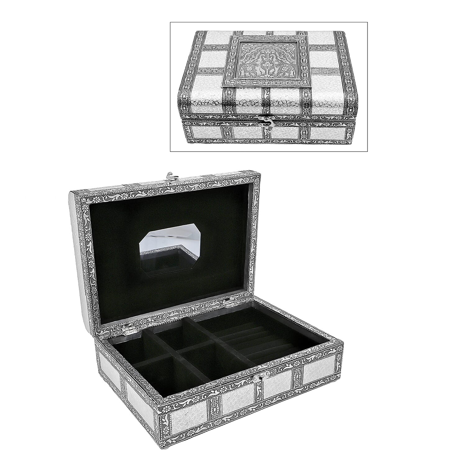 Elephant Embossed Handcrafted Jewellery Storage Box with Inside Mirror and Black Velvet Lining (Size 27x19.5x10 Cm) - White and Silver