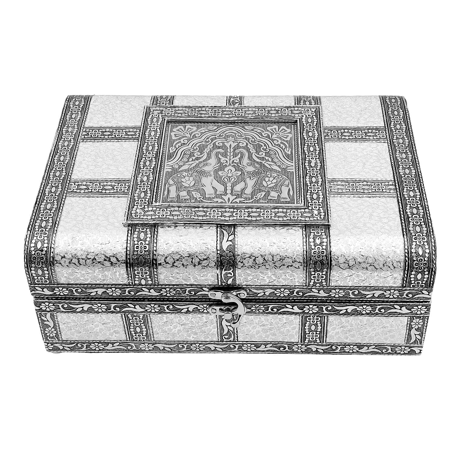 Elephant Embossed Handcrafted Jewellery Storage Box with Inside Mirror and Black Velvet Lining (Size 27x19.5x10 Cm) - White and Silver