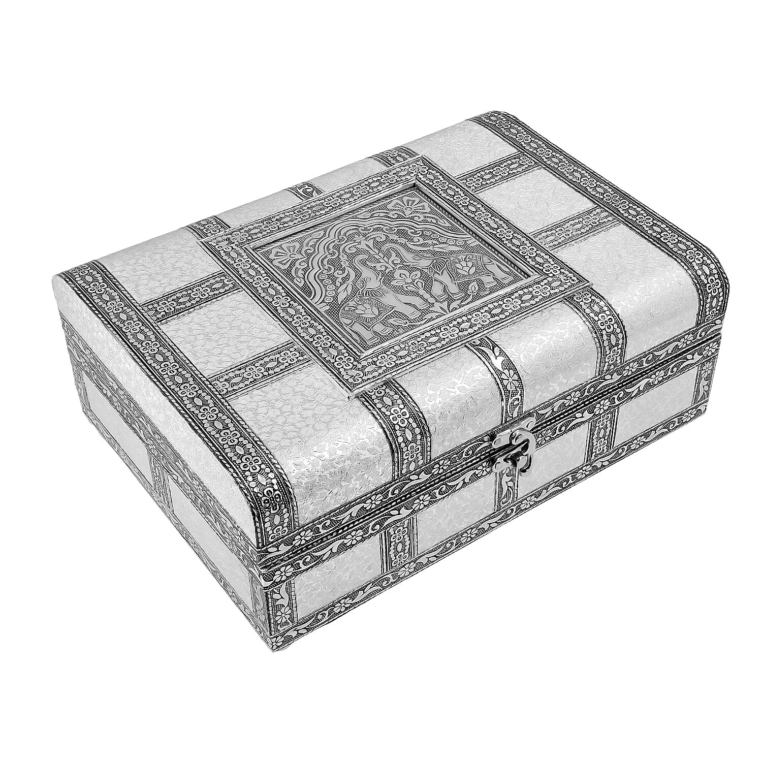 Elephant Embossed Handcrafted Jewellery Storage Box with Inside Mirror and Black Velvet Lining (Size 27x19.5x10 Cm) - White and Silver