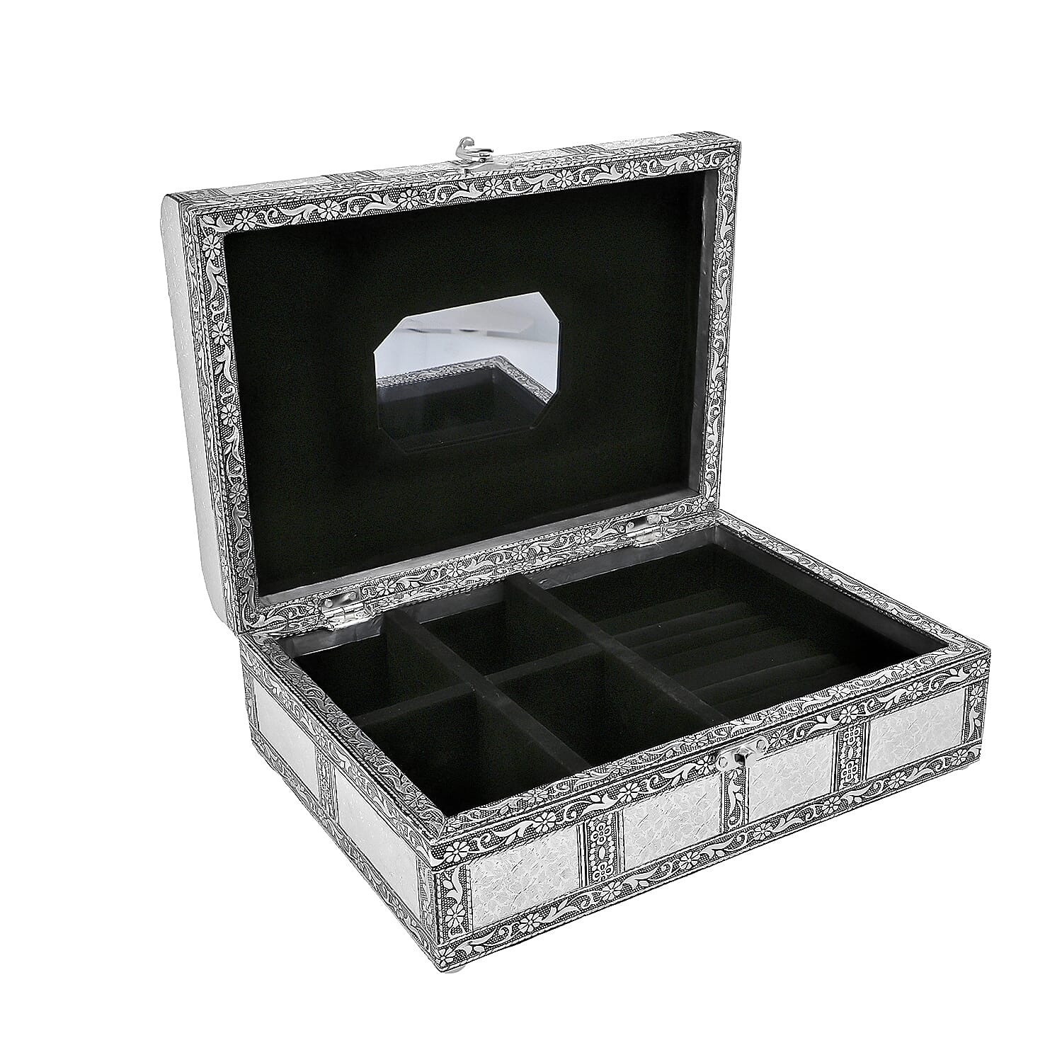 Elephant Embossed Handcrafted Jewellery Storage Box with Inside Mirror and Black Velvet Lining (Size 27x19.5x10 Cm) - White and Silver