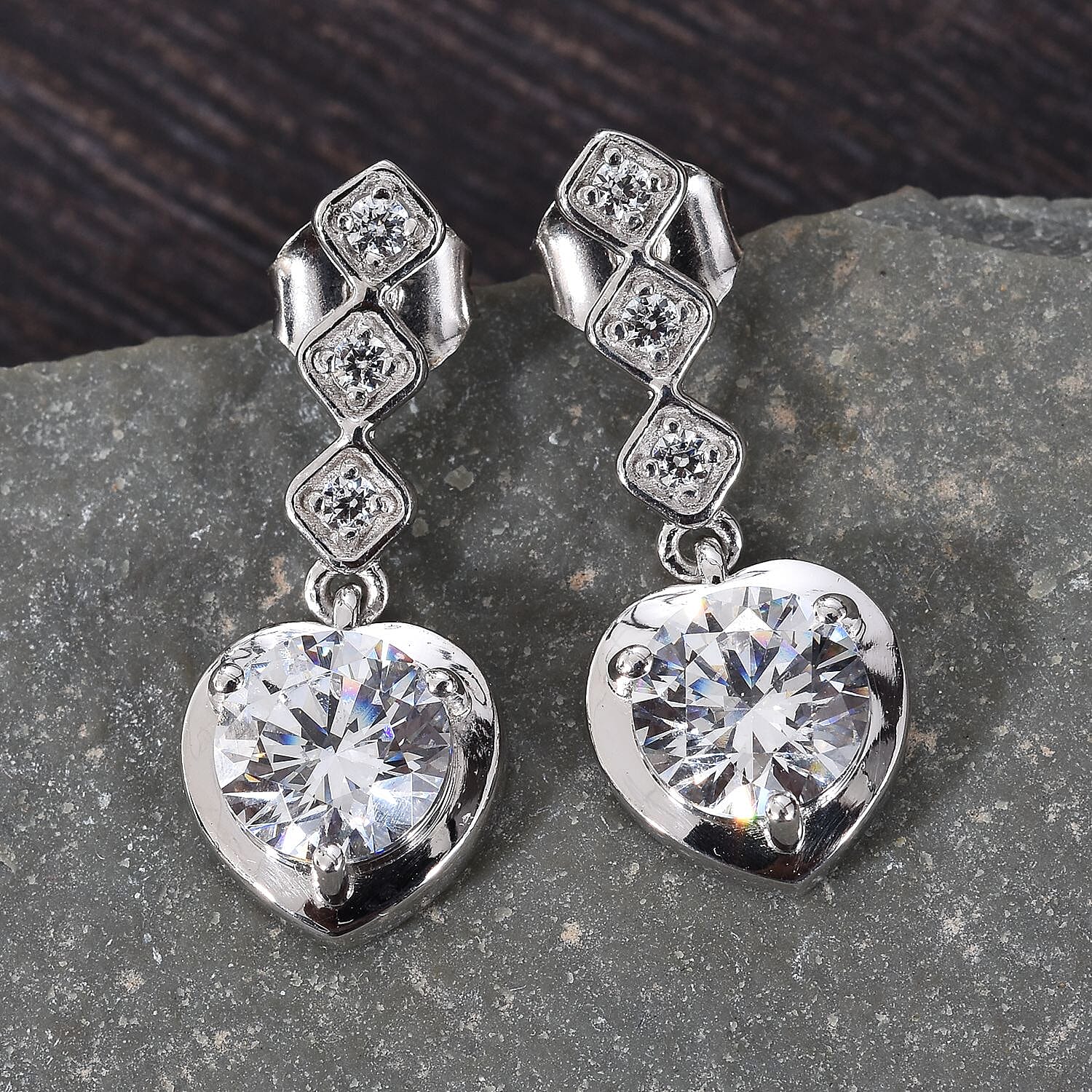 Lustro Stella Platinum Overlay Sterling Silver (Rnd) Earrings (with Push Back) Made with Finest CZ 2.69 Ct.