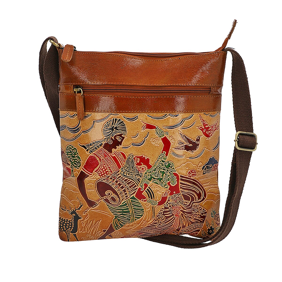 Madhubani Art Pattern Crossbody Bag with Adjustable Shoulder Strap (Size 26x29 Cm) - Tan