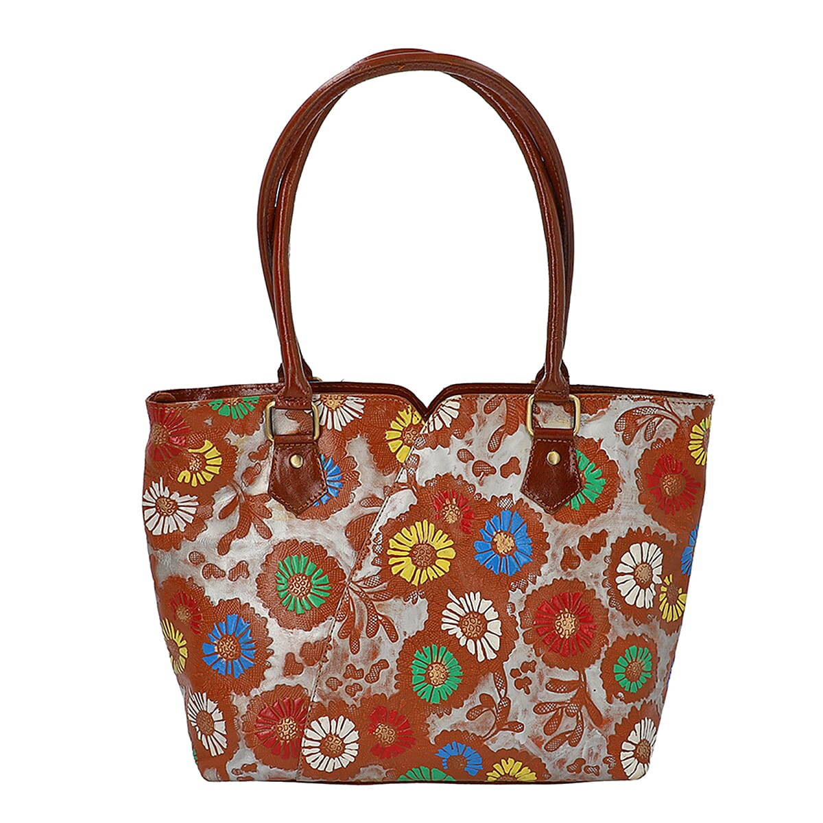 100% Genuine Leather Colourful Flowers Pattern Shoulder Bag (Size 29x10x26 Cm) - Tan