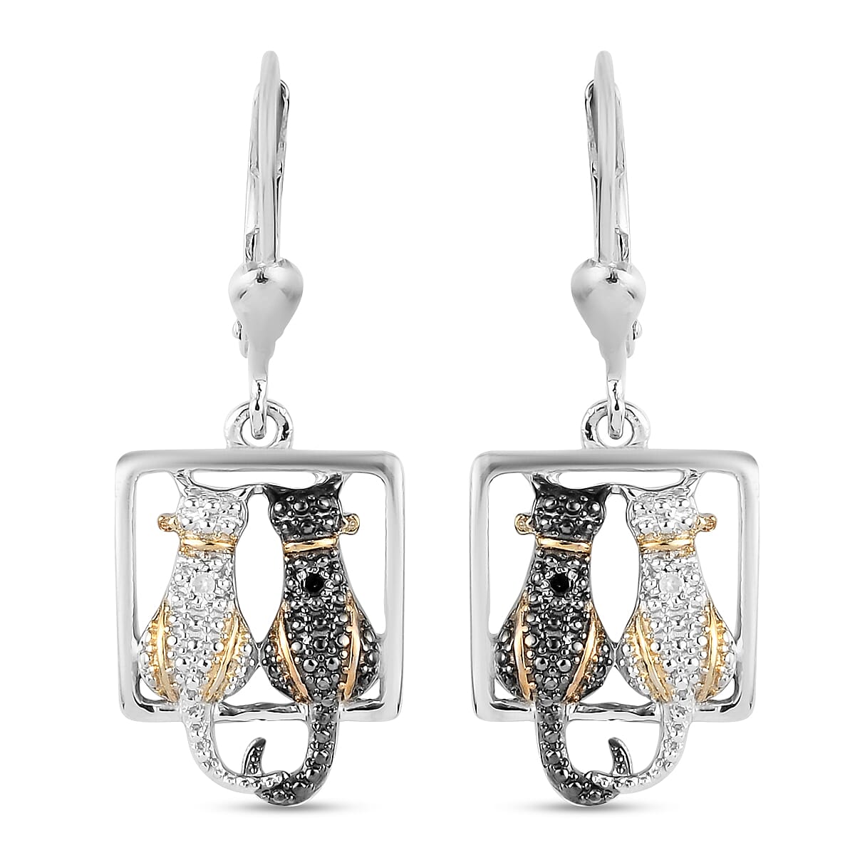 Black and White Diamond (Rnd) Twin Cat Lever Back Earrings in Platinum Overlay Sterling Silver with Black and Yellow Gold Plating