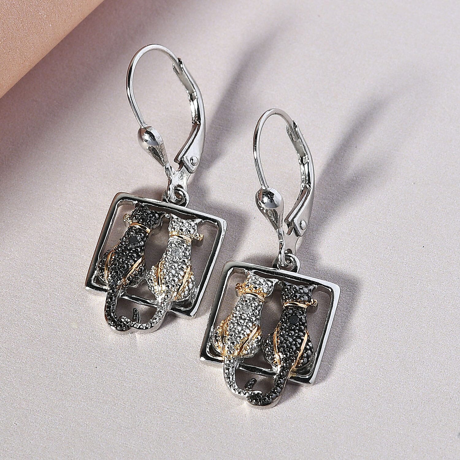 Black and White Diamond (Rnd) Twin Cat Lever Back Earrings in Platinum Overlay Sterling Silver with Black and Yellow Gold Plating