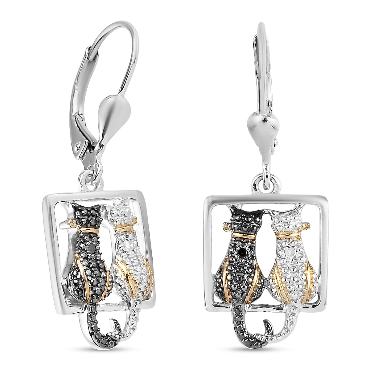 Black and White Diamond (Rnd) Twin Cat Lever Back Earrings in Platinum Overlay Sterling Silver with Black and Yellow Gold Plating