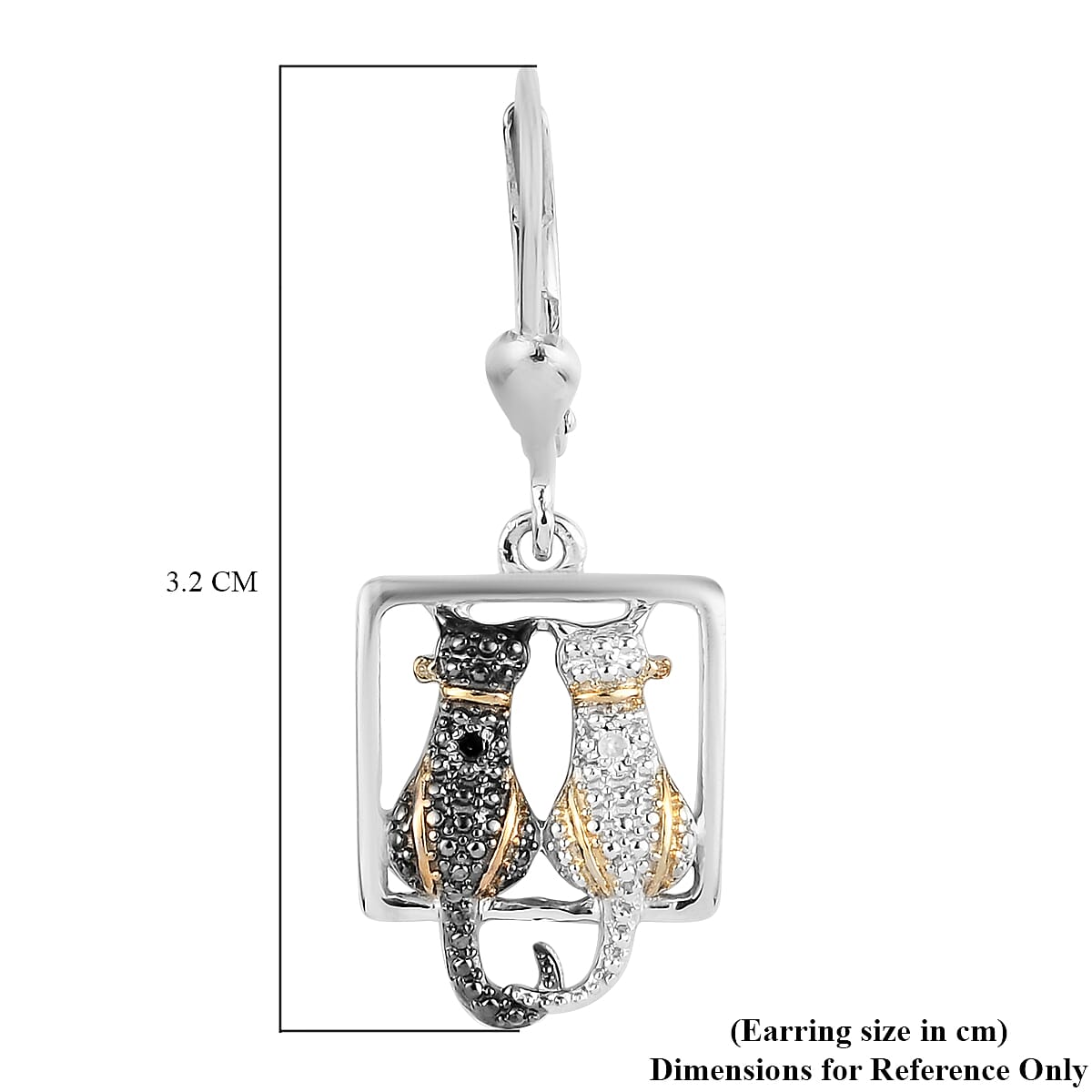 Black and White Diamond (Rnd) Twin Cat Lever Back Earrings in Platinum Overlay Sterling Silver with Black and Yellow Gold Plating