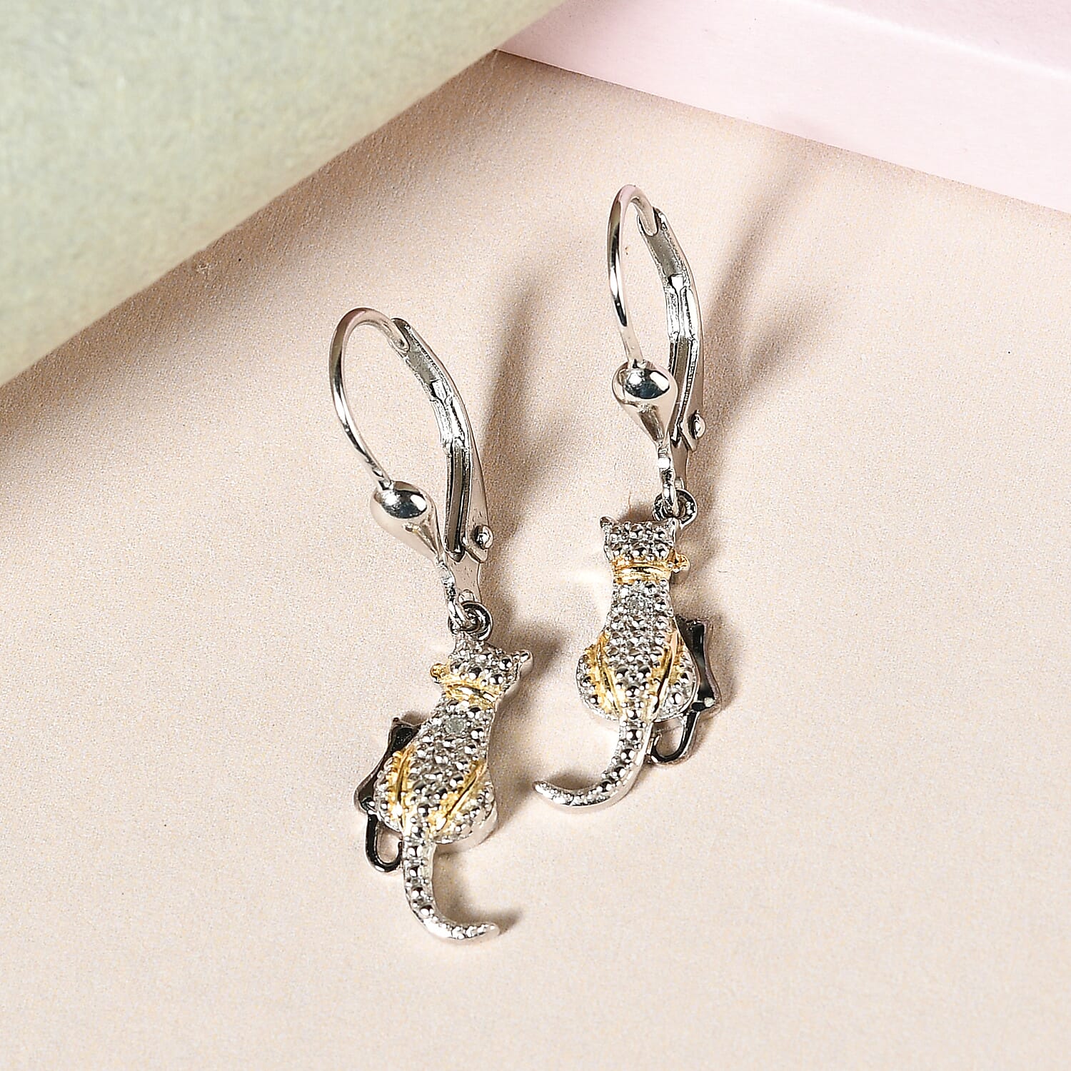 Diamond (Rnd) Cat Hook Earrings in Platinum Overlay Sterling Silver with Black and Yellow Gold  Plating