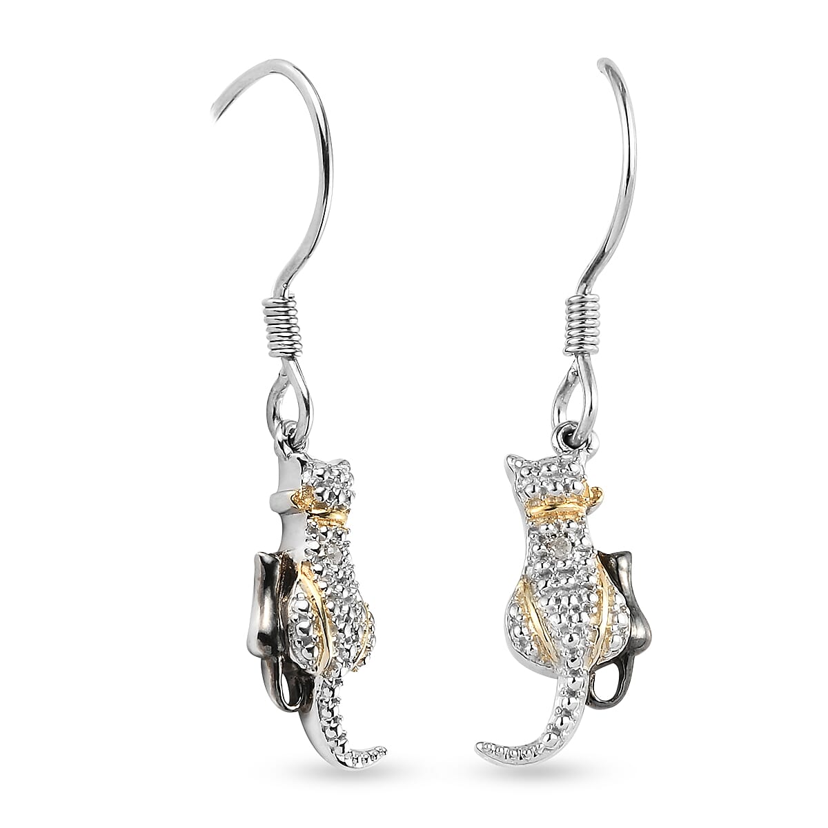 Diamond (Rnd) Cat Hook Earrings in Platinum Overlay Sterling Silver with Black and Yellow Gold  Plating
