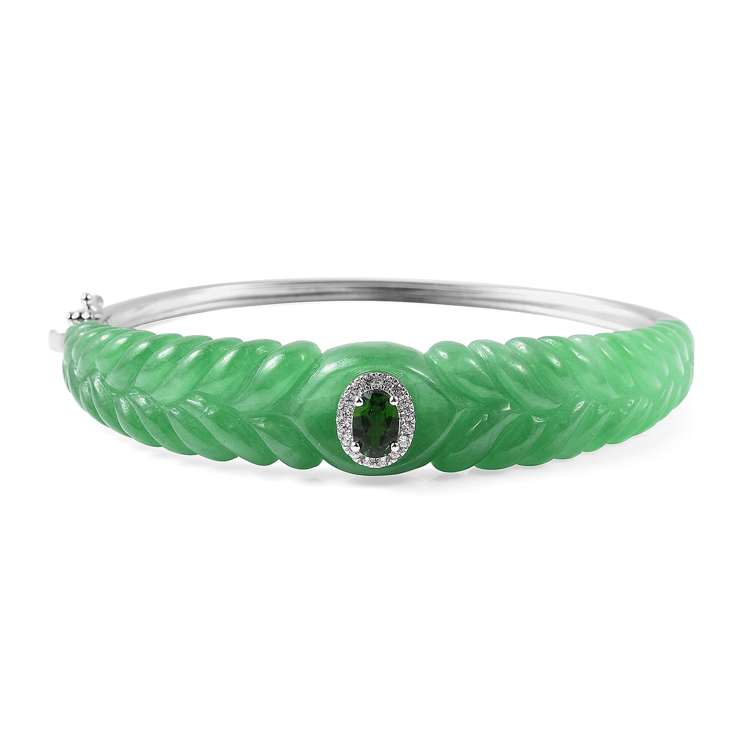 Carved Green Jade, Chrome Diopside and Natural White Cambodian Zircon  Bangle (Size 7.75) in Rhodium Overlay Sterling Silver 113.16 Ct, Silver wt 9.50 Gms