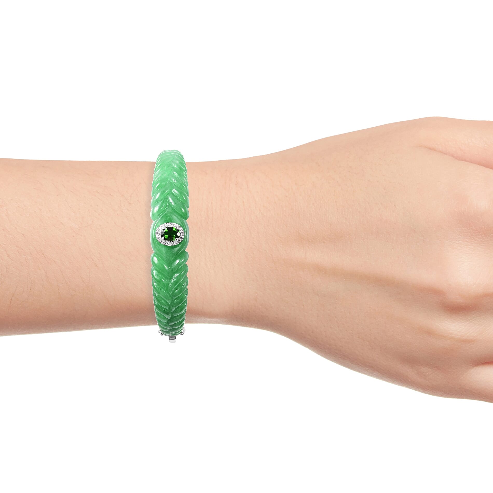 Carved Green Jade, Chrome Diopside and Natural White Cambodian Zircon  Bangle (Size 7.75) in Rhodium Overlay Sterling Silver 113.16 Ct, Silver wt 9.50 Gms