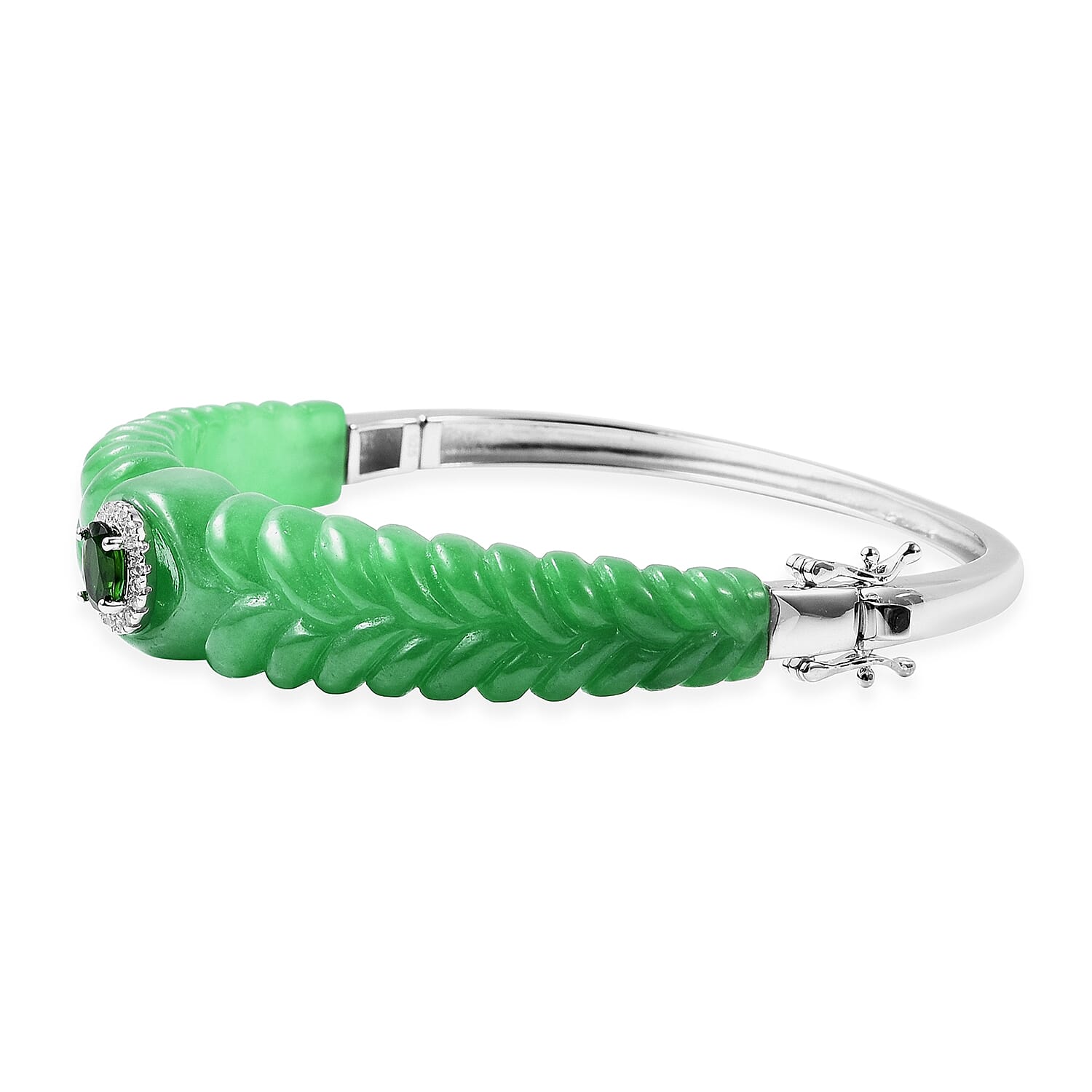 Carved Green Jade, Chrome Diopside and Natural White Cambodian Zircon  Bangle (Size 7.75) in Rhodium Overlay Sterling Silver 113.16 Ct, Silver wt 9.50 Gms