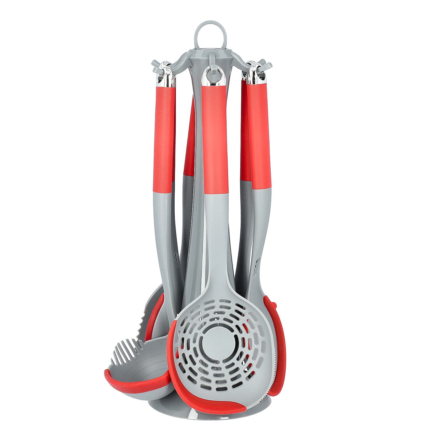 7 Piece Set - Kitchen Utensils (Includes Skimmer, Slotted Turner, Soup Ladle, Solid Spoon, Spaghetti Server, Slotted Spoon and Rotating Stand) - Red and Grey