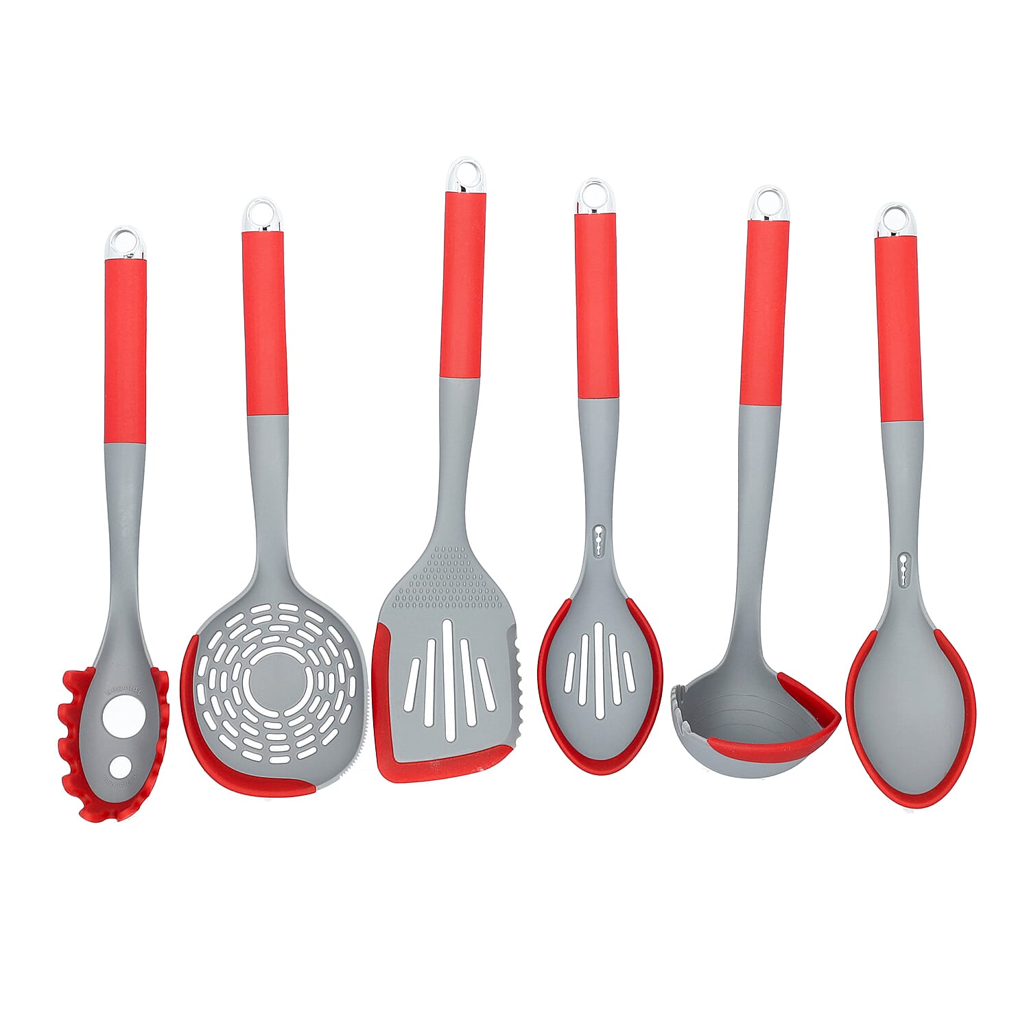 7 Piece Set - Kitchen Utensils (Includes Skimmer, Slotted Turner, Soup Ladle, Solid Spoon, Spaghetti Server, Slotted Spoon and Rotating Stand) - Red and Grey