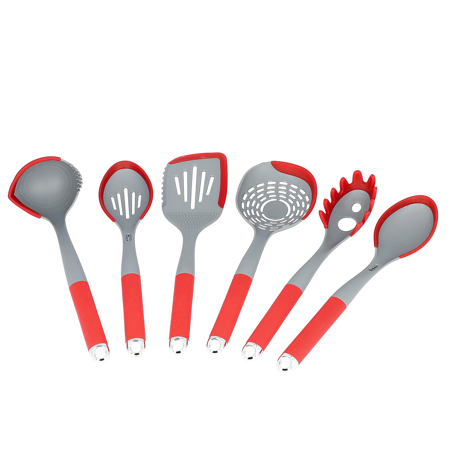 7 Piece Set - Kitchen Utensils (Includes Skimmer, Slotted Turner, Soup Ladle, Solid Spoon, Spaghetti Server, Slotted Spoon and Rotating Stand) - Red and Grey