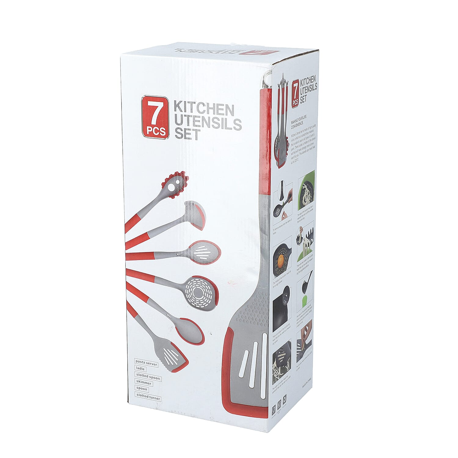 7 Piece Set - Kitchen Utensils (Includes Skimmer, Slotted Turner, Soup Ladle, Solid Spoon, Spaghetti Server, Slotted Spoon and Rotating Stand) - Red and Grey