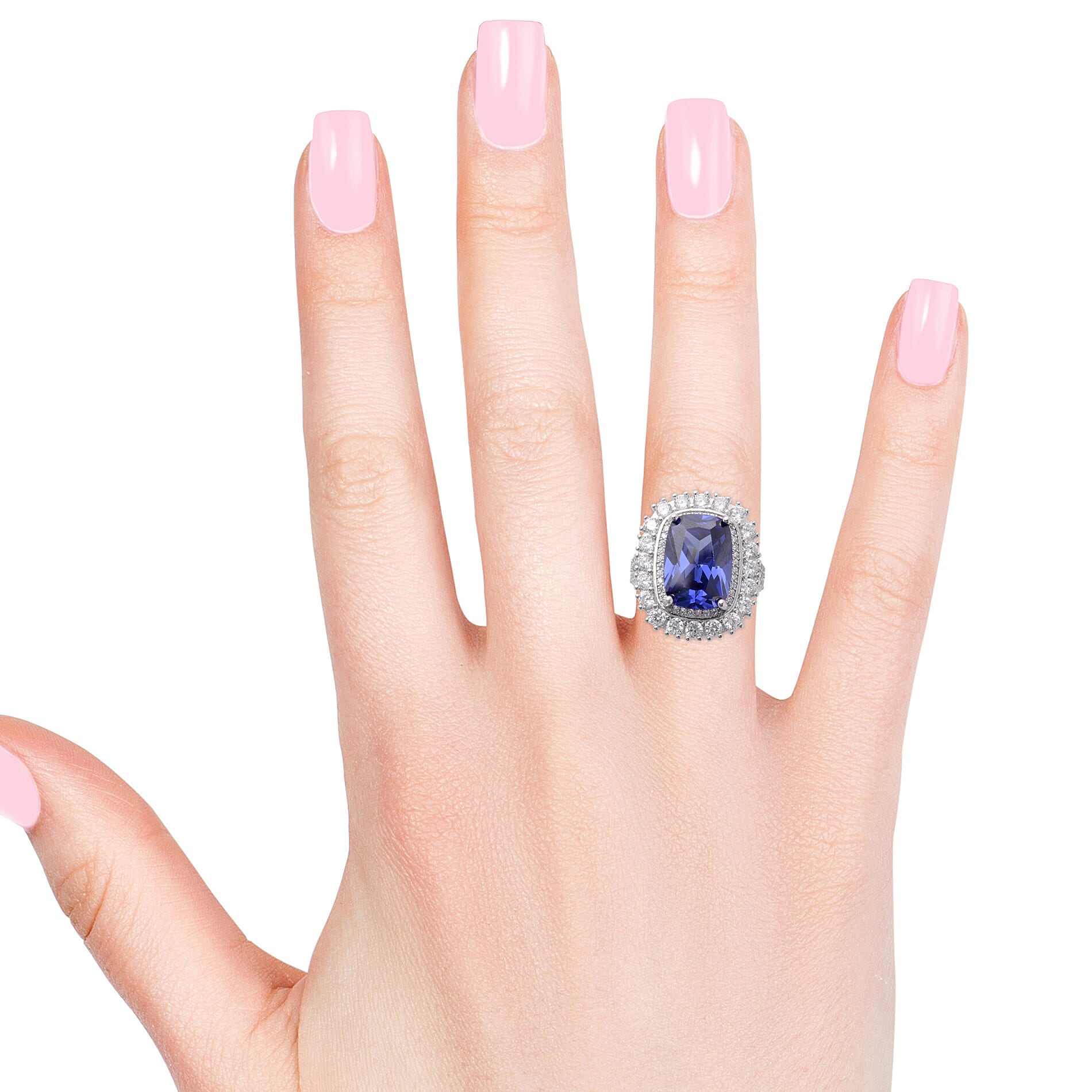 Lustro Stella Simulated Tanzanite (Cush), Simulated Diamond Ring in Rhodium Overlay Sterling Silver, Silver wt 6.86 Gms