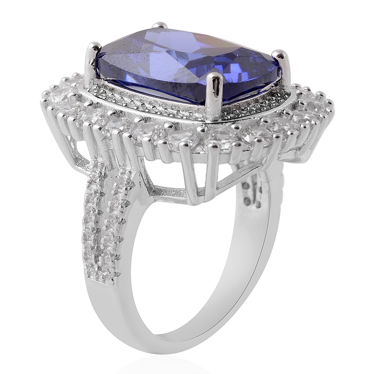 Lustro Stella Simulated Tanzanite (Cush), Simulated Diamond Ring in Rhodium Overlay Sterling Silver, Silver wt 6.86 Gms