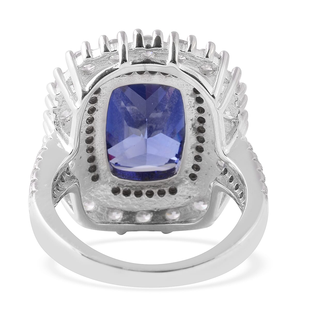 Lustro Stella Simulated Tanzanite (Cush), Simulated Diamond Ring in Rhodium Overlay Sterling Silver, Silver wt 6.86 Gms