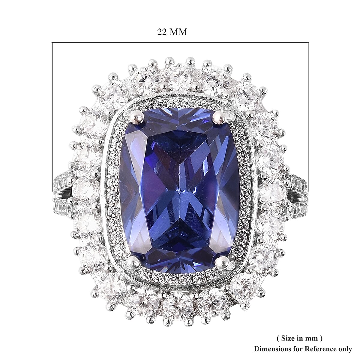 Lustro Stella Simulated Tanzanite (Cush), Simulated Diamond Ring in Rhodium Overlay Sterling Silver, Silver wt 6.86 Gms