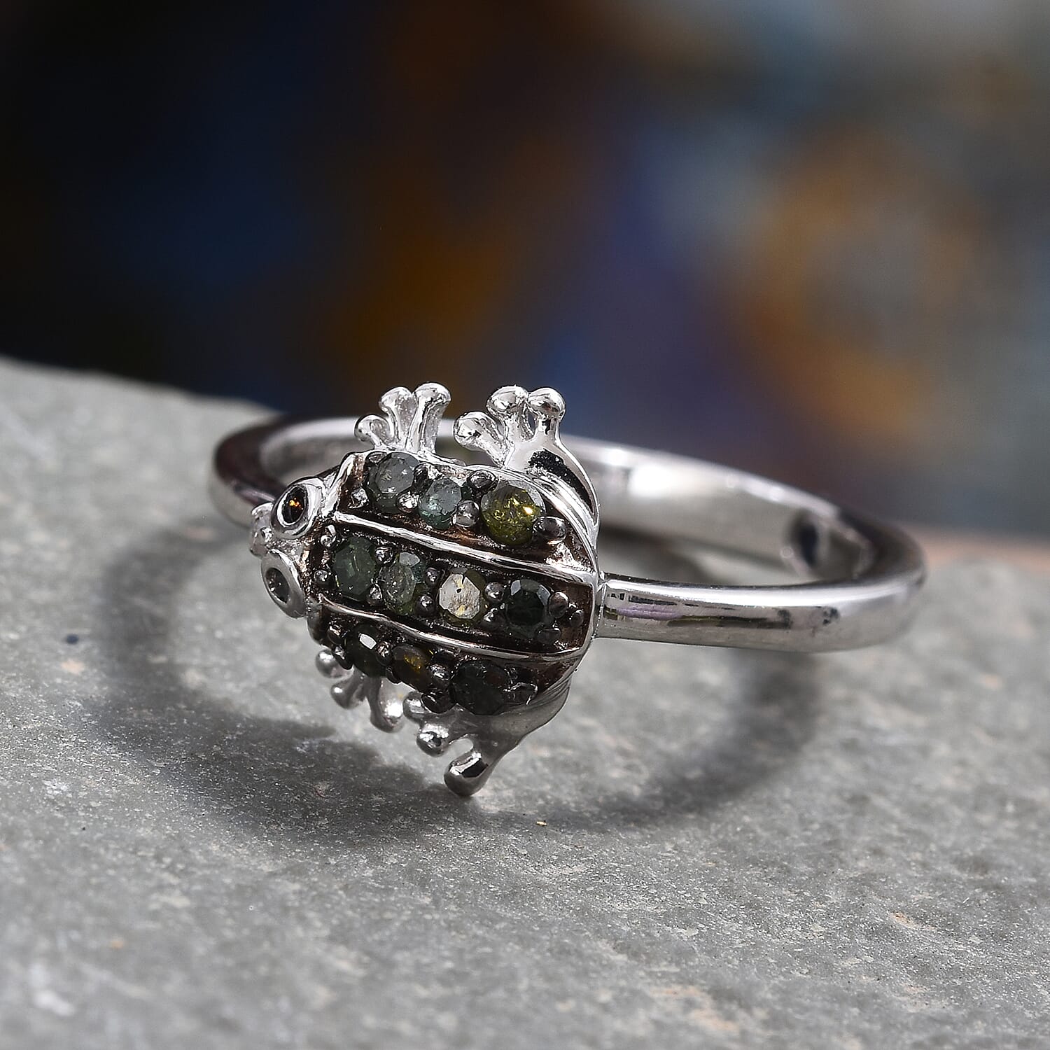 GP Green, Black and White Diamond (Rnd), Blue Sapphire Frog Ring in Platinum Overlay Sterling Silver