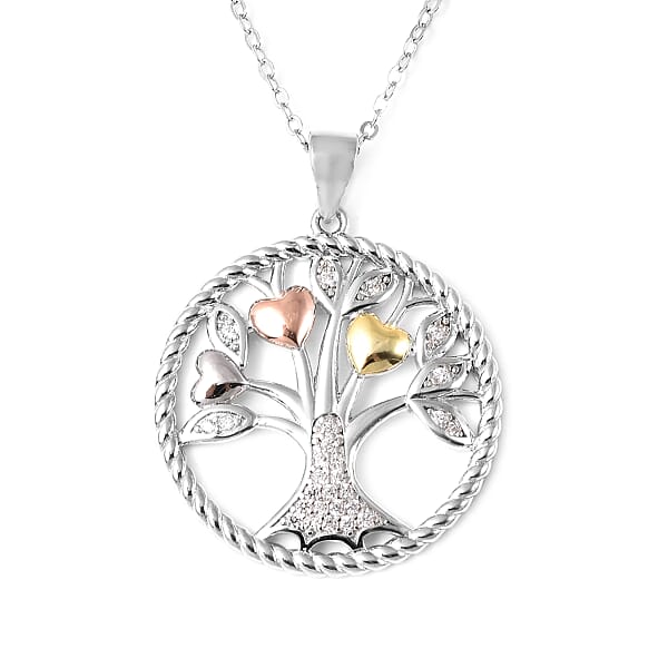 ELANZA Simulated Diamond Tree of Life Pendant with Chain in Three Tone ...