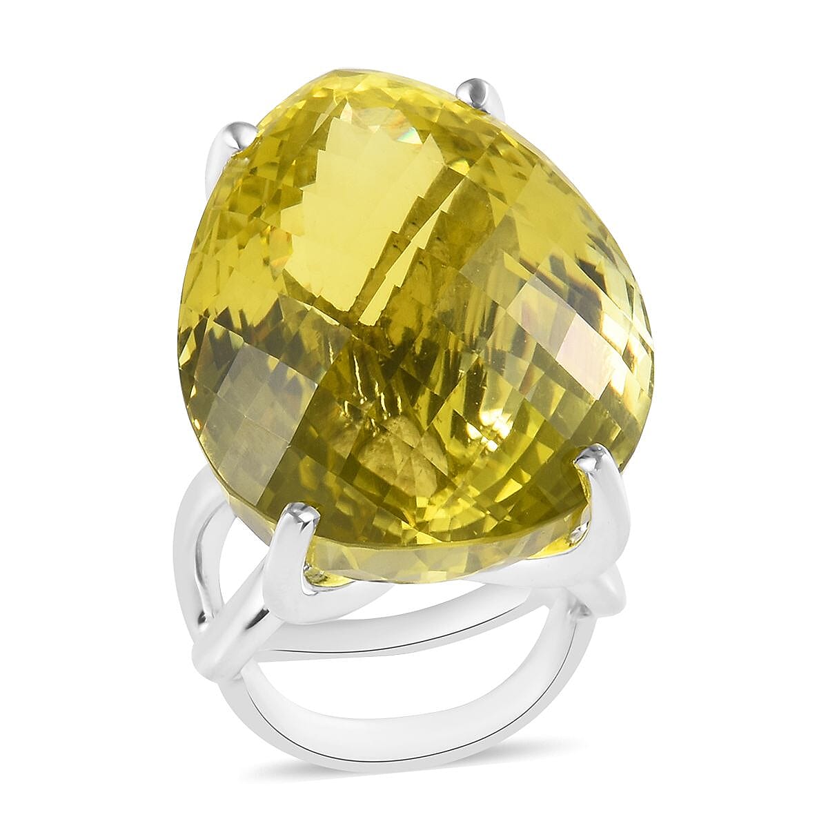 Tucson Special - AAA Natural Ouro Verde Quartz (Pear) Solitaire Ring in Platinum Overlay Sterling Silver 77.25 Ct, Silver wt 10.91 Gms